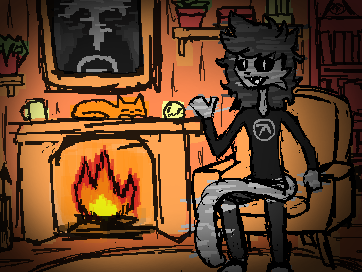 Fuzz chilling in his cozy home, he's sitting on an armchair and waving to the viewer